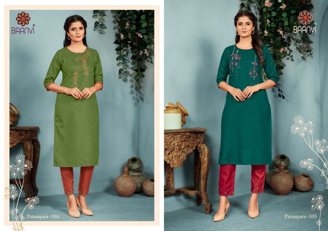 Baanvi Parampara 1 New Exclusive Wear Designer Cotton Embroidery Kurti With Pant Collection